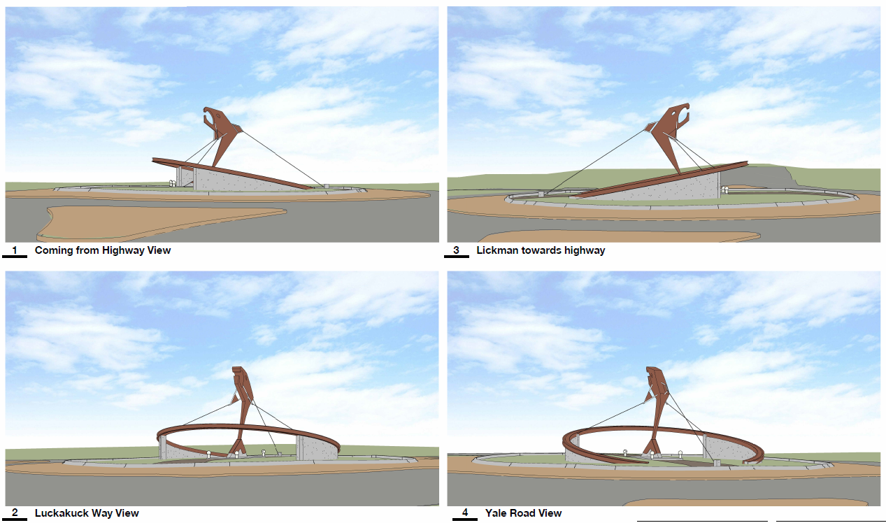Four renderings of the Lickman roundabout artwork, shaped like a salmon